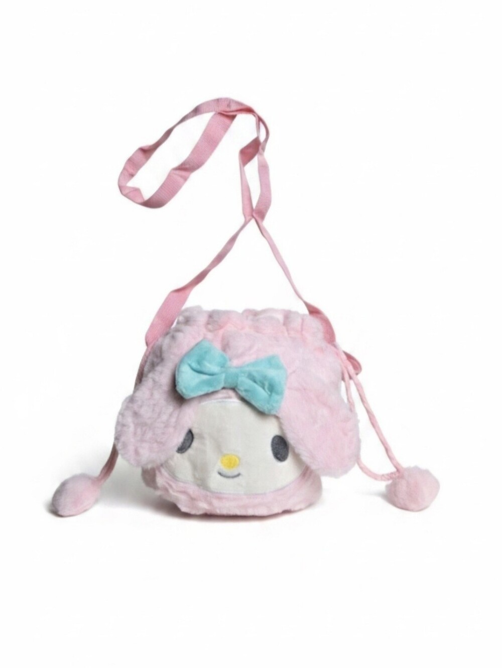 Anime My Melody Plush Crossbody Bag Pink Faux Fur Drawstring Purse Bow